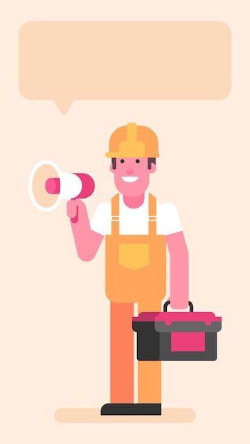 Builder three quarters face holding suitcase with tools and megaphone