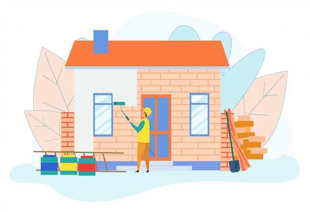 Vector builder worker painting single storey house wall