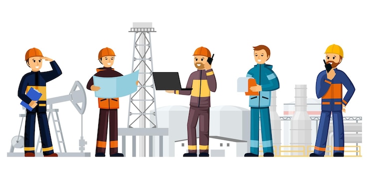 Builders construction site of oil factories illustration. People in helmets and uniforms developing gasoline production ordering building materials engineering and foreman inspectors. Vector cartoon.