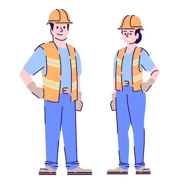 Vector builders couple flat vector characters. construction workers, handyman cartoon illustration with outline. woman and man contractors, engineers in uniform and protective helmet isolated on white