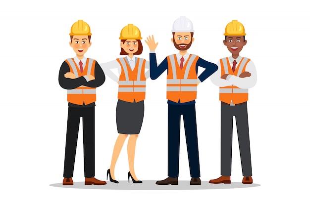 Vector builders dressed in protective vests and helmets. construction worker character