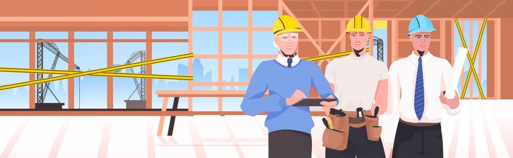 Vector builders team at construction site engineers in helmets discussing during meeting repair service concept unfinished building interior horizontal