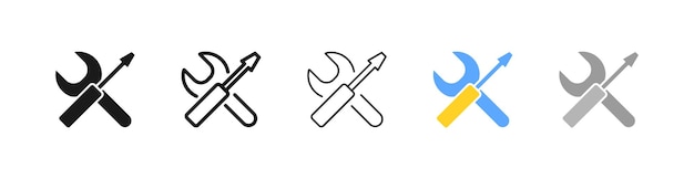 Builders tools set icon Hammer saw shovel wrench paint roller fence building setting design Construction site concept Vector line icon for Business and advertising