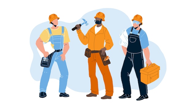 Builders with building equipment and plan vector. builders men wearing uniform and protection hat holding tool box and build documentation draft. characters foremen flat cartoon illustration