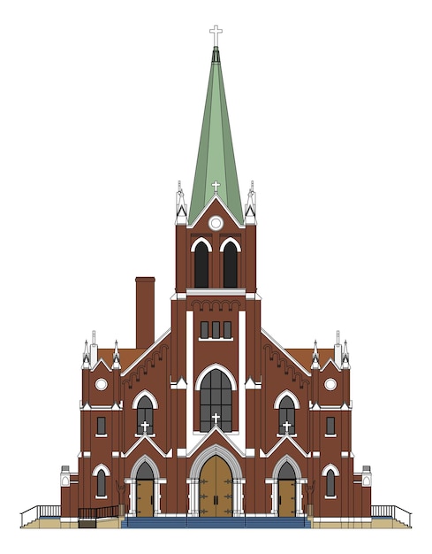 The building of the Catholic church, views from different sides. Three-dimensional illustration on a white background.