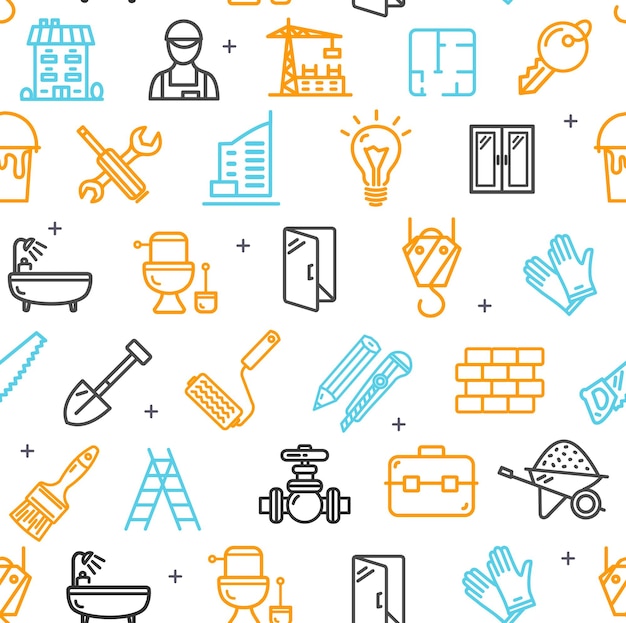 Building Construction Elements and Tools Pattern Background on a White Vector