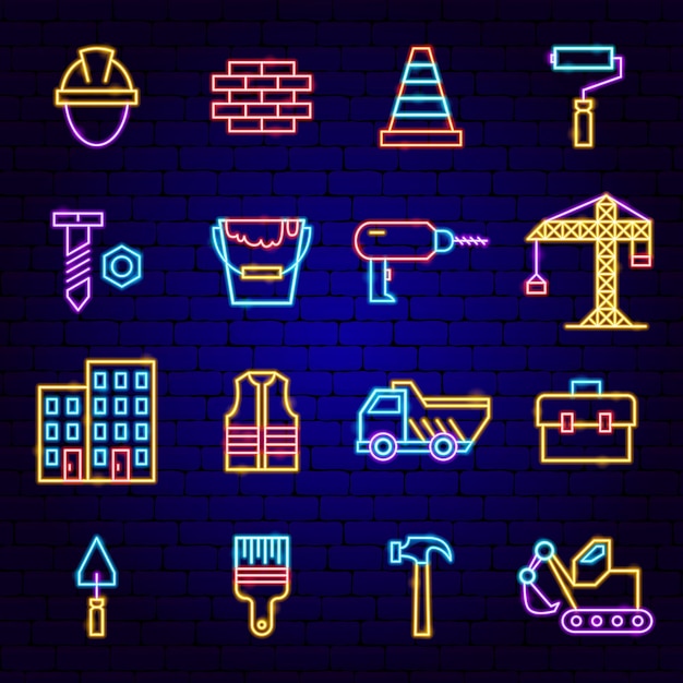 Building construction neon icons vector illustration of industrial promotion