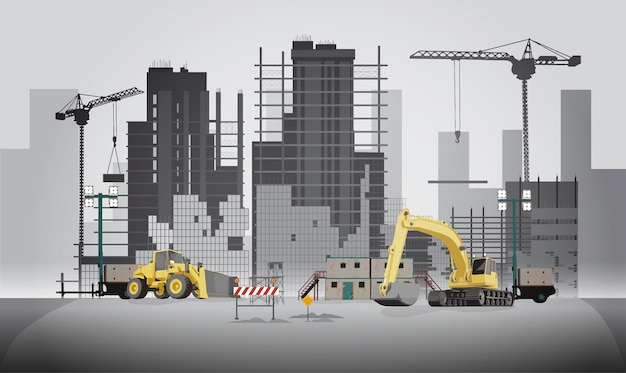Vector building construction site with cranes and skyscraper and excavators with grader