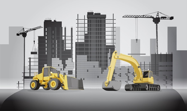 Building construction site with cranes and skyscraper and excavators with grader