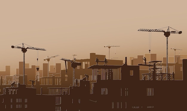 Vector building construction site with a tower crane and engineer and workers.vector paper cut style.