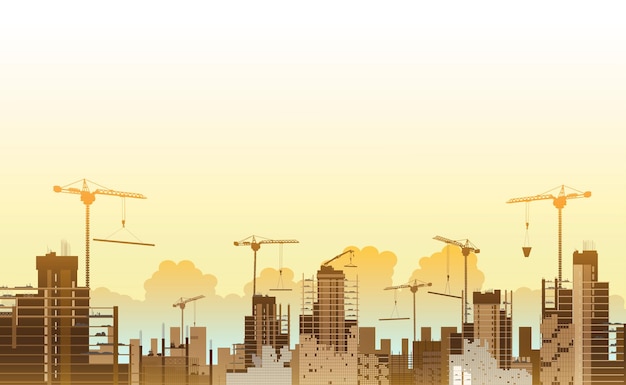 Building construction site with a tower crane and engineer and workersVector illustration