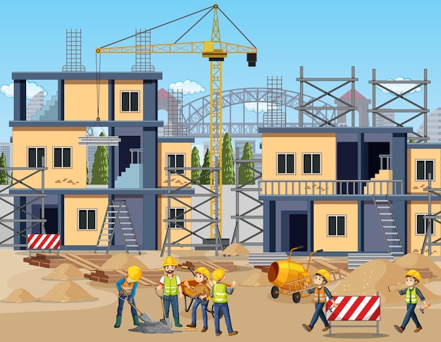 Building construction site with workers