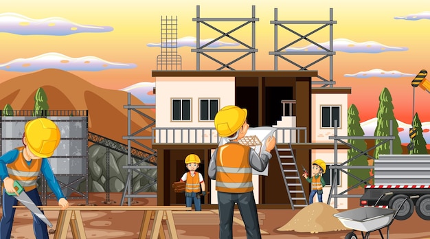 Building construction site with workers