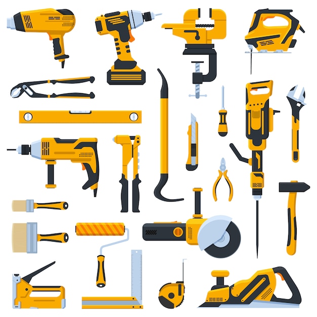 Building construction tools. Construction home repair hand tools, drill, saw and screwdriver. Renovation kit  illustration icons set. Tools jackhammer and vise, jigsaw and level