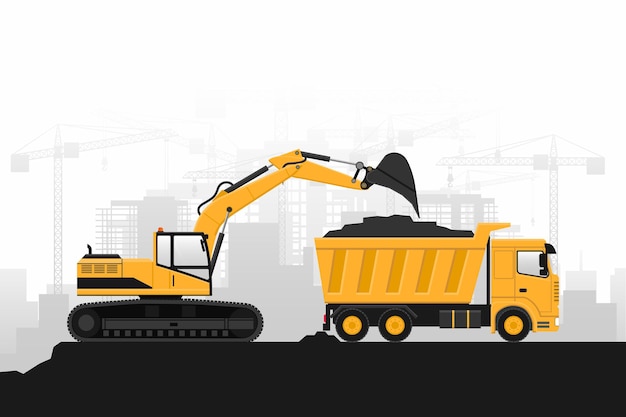 Building construction with heavy machinery, wheel excavator filling a truck on gray background