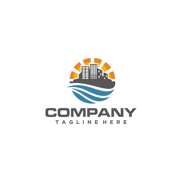 building design logo in waves and sun premium vector