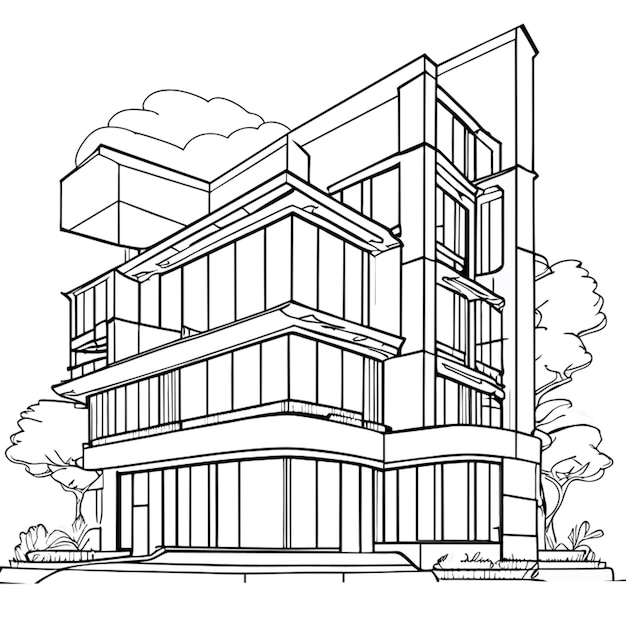 Vector building exterior perspective highly detailed vector illustration line art