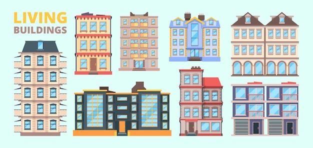 建物のファサード。リビングハウスヴィラアーバンエクステリアホームダウンタウンベクトル風景。都市建築の外観、ファサード通りのイラスト