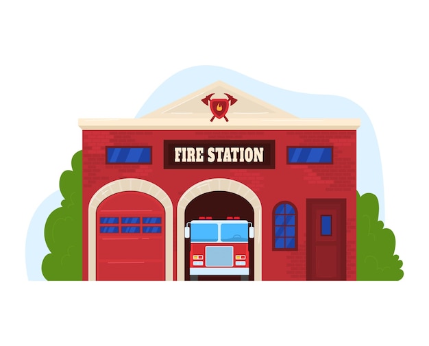 Vector building fire station services to population garage with transport design cartoon style vector illustration isolated on white