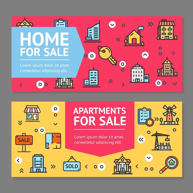 Building House or Home and Apartment for Sale Flyer Banner Posters Card Set Vector