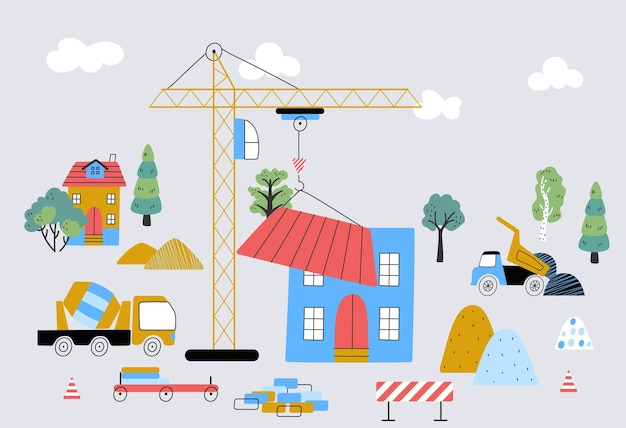 Building houses childish print cute poster with home construction transport and tree tiny town for baby nowaday village scandinavian vector background