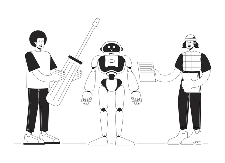 Vector building humanoid robot black and white concept vector spot illustration