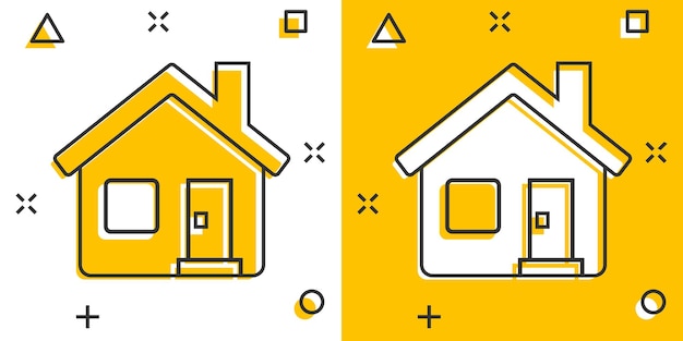 Icona dell'edificio in stile fumetto illustrazione vettoriale dei cartoni animati per la casa su sfondo bianco isolato concetto di business con effetto splash della casa
