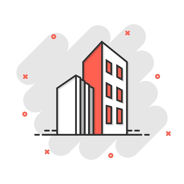 Building icon in comic style Skyscraper cartoon vector illustration on white isolated background Architecture splash effect business concept