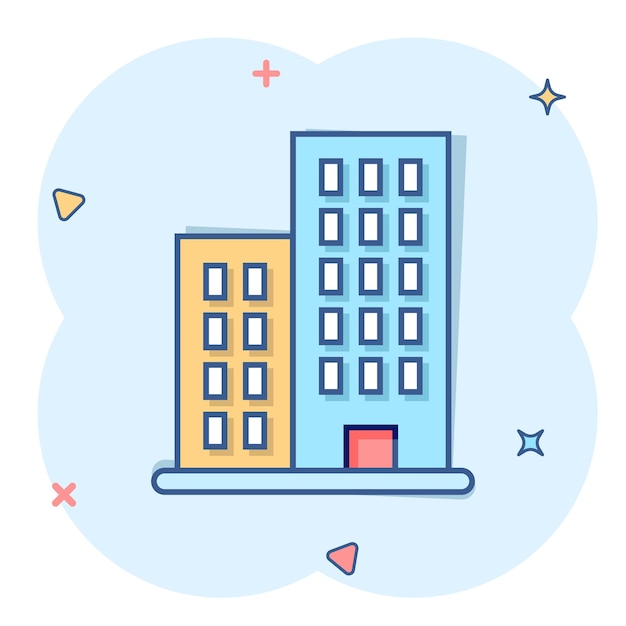 Building icon in comic style Town skyscraper apartment cartoon vector illustration on white isolated background City tower splash effect business concept