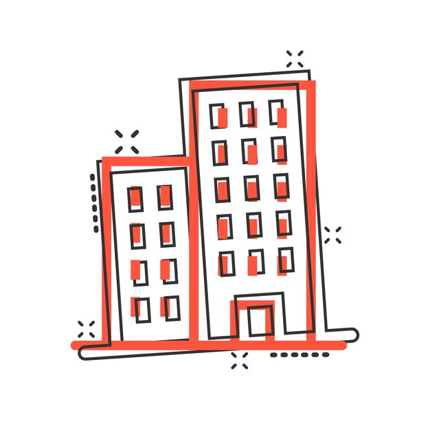 コミックスタイルのビル アイコン 街の高層ビル アパート 漫画 ベクトルイラスト 白い隔離された背景 都市タワー スプラッシュ効果 ビジネスコンセプト