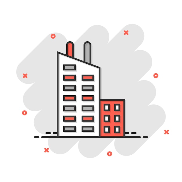 Иконка здания в комическом стиле Городской небоскреб квартира мультипликационная векторная иллюстрация на белом изолированном фоне Городская башня эффект всплеска бизнес-концепция
