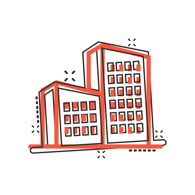 コミック スタイルの建物のアイコン 町超高層ビル アパート漫画ベクトル イラスト分離白地シティ タワー スプラッシュ効果ビジネス コンセプト