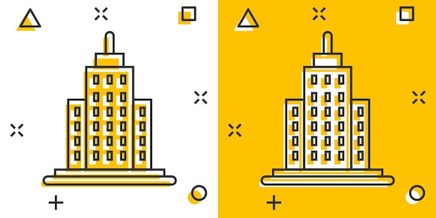 Vector building icon in comic style town skyscraper apartment cartoon vector illustration on white isolated background city tower splash effect business concept