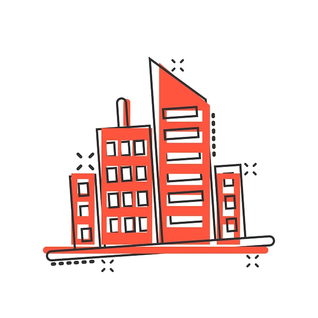 Building icon in comic style Town skyscraper apartment cartoon vector illustration on white isolated background City tower splash effect business concept