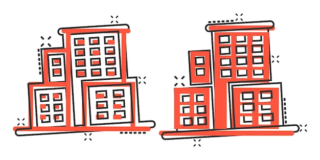 Вектор Иконка здания в комическом стиле городской небоскреб квартира мультипликационная векторная иллюстрация на белом изолированном фоне городская башня эффект всплеска бизнес-концепция