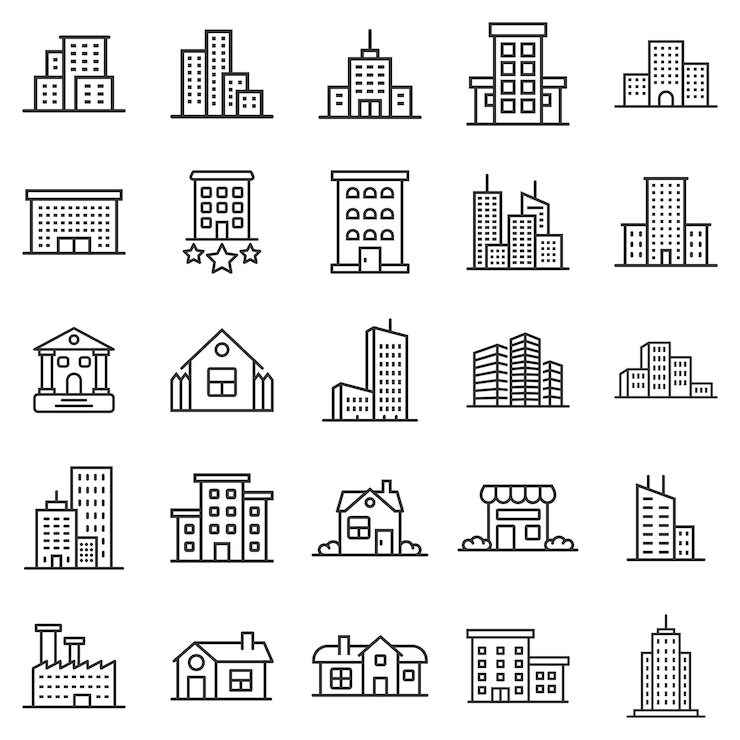 Vector building icon set in flat style town skyscraper apartment vector illustration on white isolated background city tower business concept