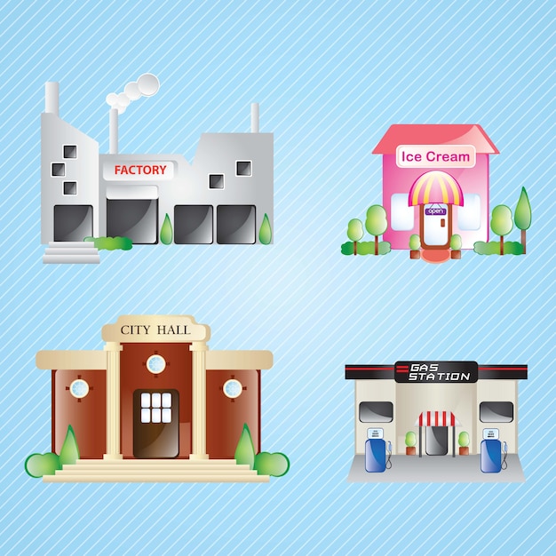 Vector building icons set differents houses (colletion 3) on blue background