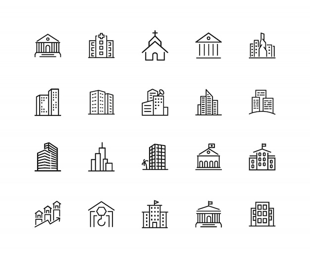 Строительство икон. Набор из 20 значков строк. Церковь, музей, банк. Концепция архитектуры.
