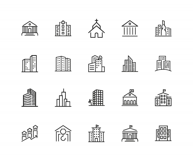 Building icons. set of twenty line icons. church, museum, bank. architecture concept.