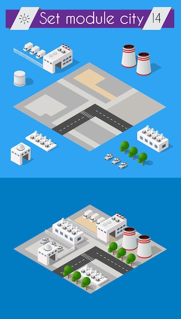 ベクトル 都市景観と産業工場の建物とフラットなデザインの等角投影の建築業界の建設