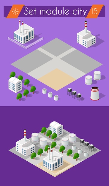 Building industry construction for isometric of flat design with urban landscape and industrial factory buildings