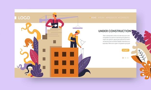 Building industry construction process online web page template vector concrete house