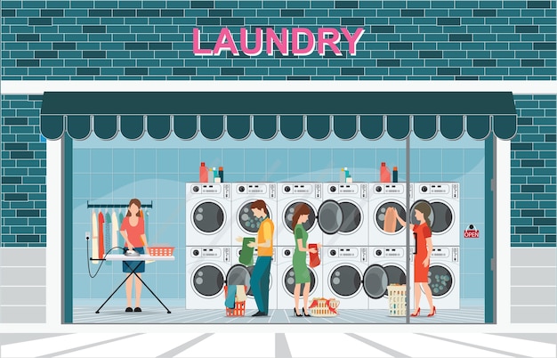 Vector building of laundry room with row of industrial washing machines