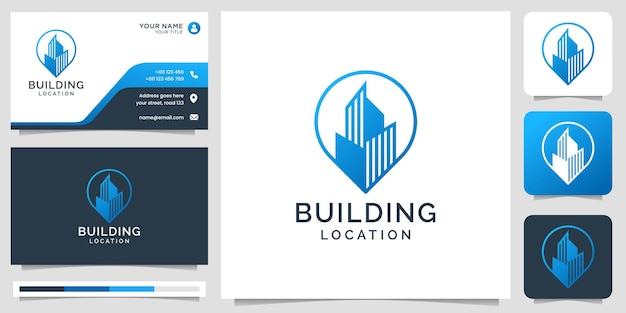 Building location logo with line art style builder point design element and business card template Premium Vector