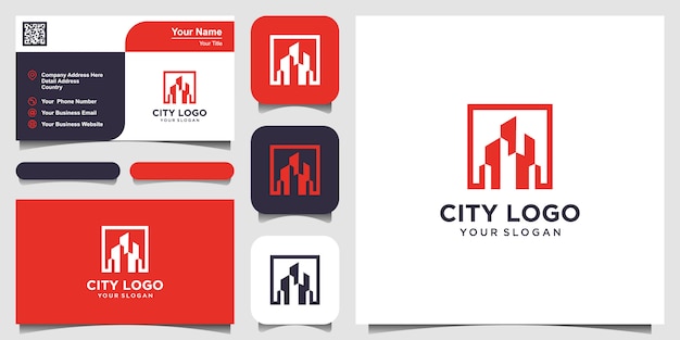 building logo design in line art.  logo design and business card set