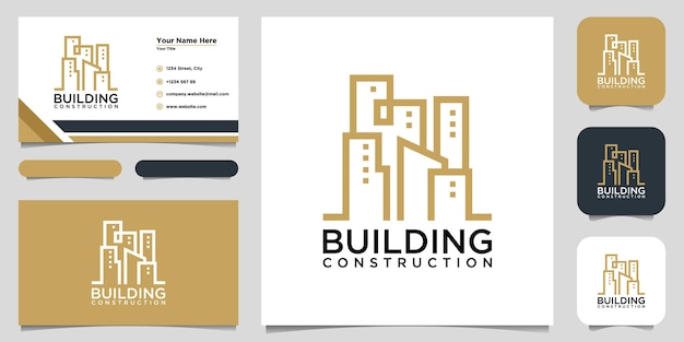 벡터 라인 아트 스타일로 로고 디자인을 구축합니다. 로고 디자인 영감 및 명함 디자인을 위한 도시 건물 개요