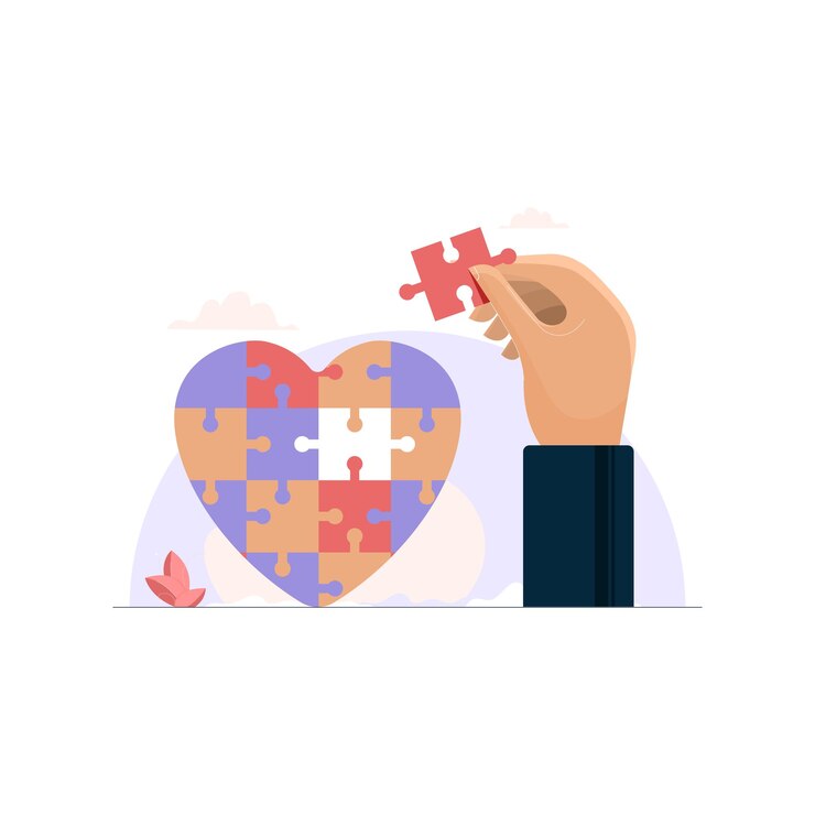 Vector building love relationship puzzle of romantic jigsaw heart valentine day social media concept