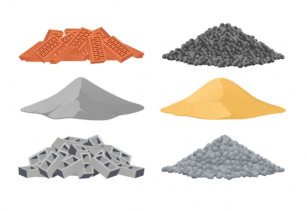 Vector building materials, a pile of bricks, cement, sand, cinder blocks, stones on white background. vector illustration