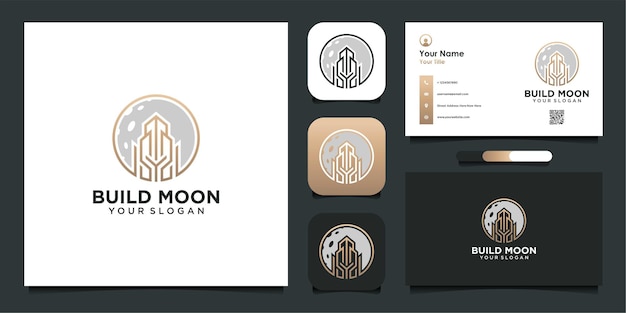 Building and moon logo design and business card premium vector