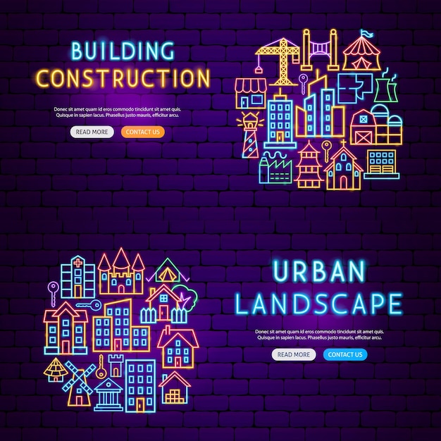 Building neon banners vector illustration of house promotion
